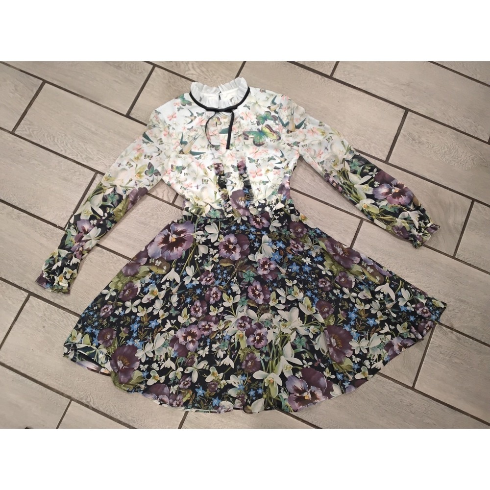 Ted Baker Floral Butterfly Chiffon Mini Dress Ruffle Neck Long Sleeve Multi US 8 - Picture 4 of 13